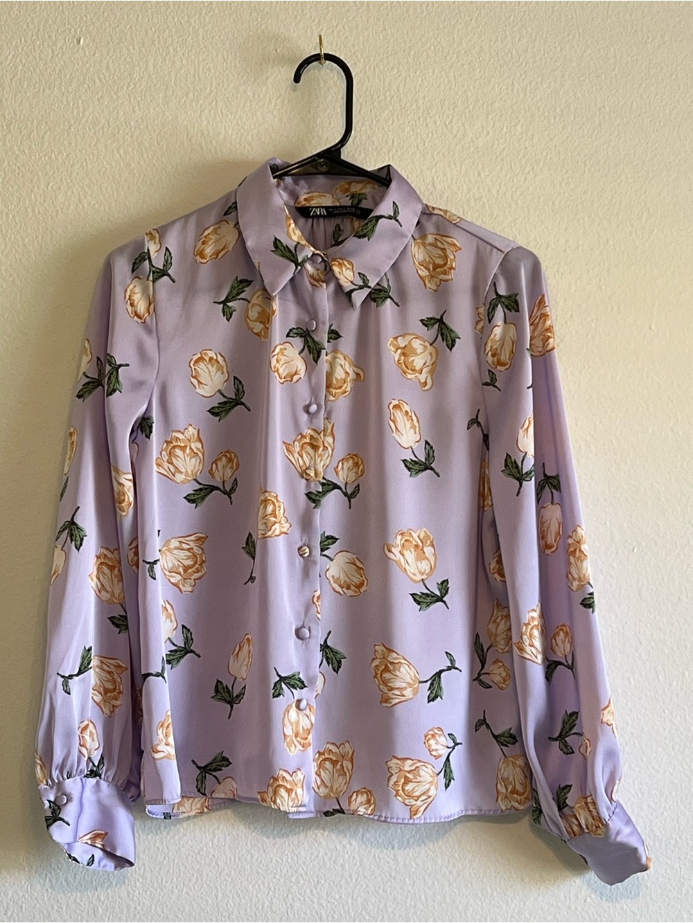 Zara Lavender Floral Button-Down Shirt with Yellow Rose Print